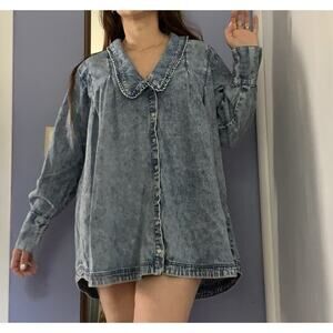 FREE PEOPLE Women Medium Charlie Denim Button-down Boho Shirt Light Wash